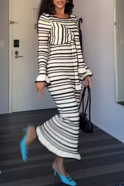 Vestidos casuales de falda de un solo paso con cuello redondo y decoración de lazo y rayas de patchwork