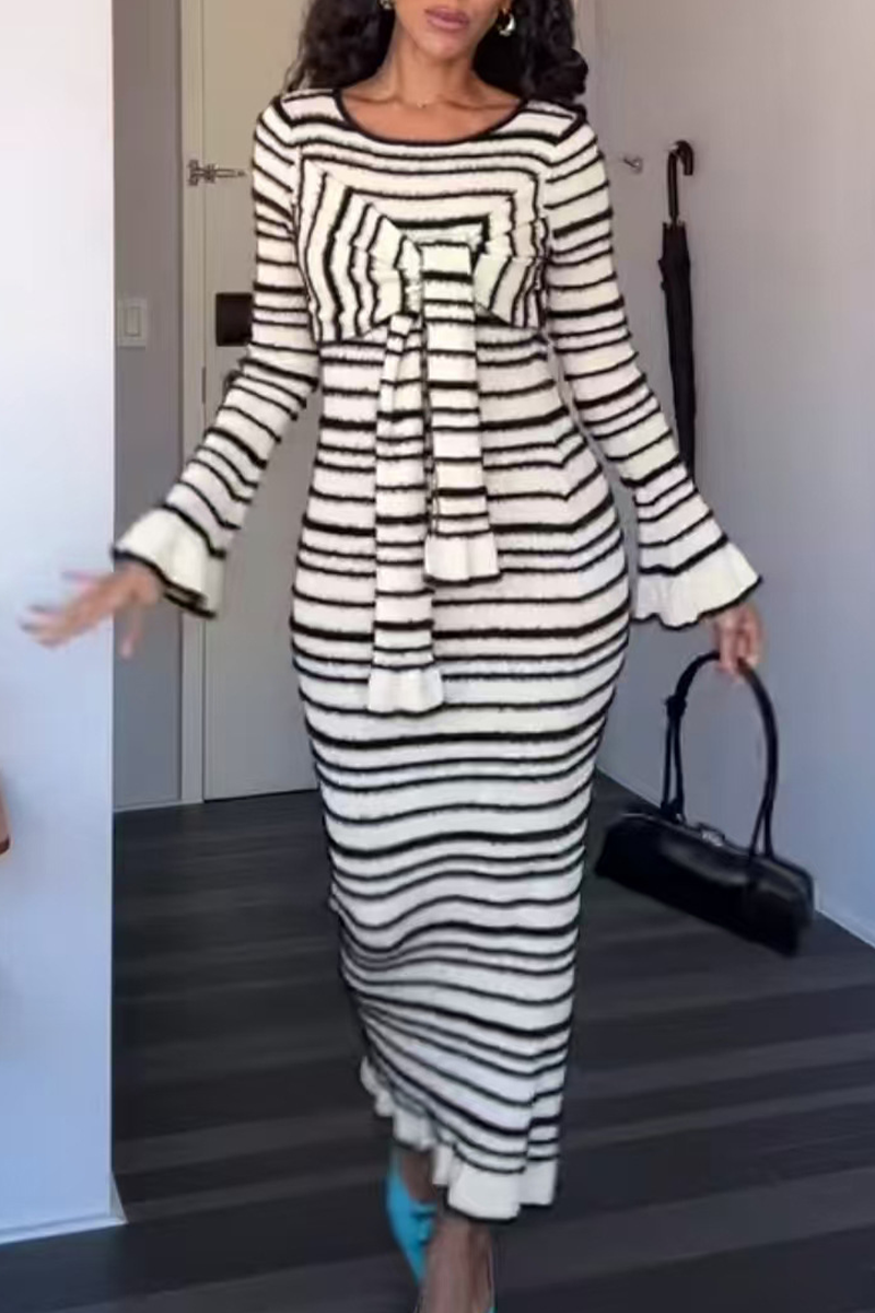 Vestidos casuales de falda de un solo paso con cuello redondo y decoración de lazo y rayas de patchwork