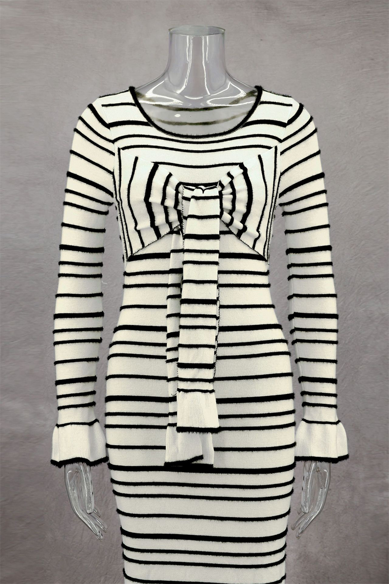 Vestidos casuales de falda de un solo paso con cuello redondo y decoración de lazo y rayas de patchwork