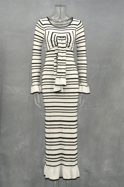 Vestidos casuales de falda de un solo paso con cuello redondo y decoración de lazo y rayas de patchwork