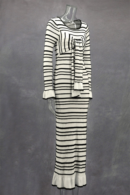 Vestidos casuales de falda de un solo paso con cuello redondo y decoración de lazo y rayas de patchwork