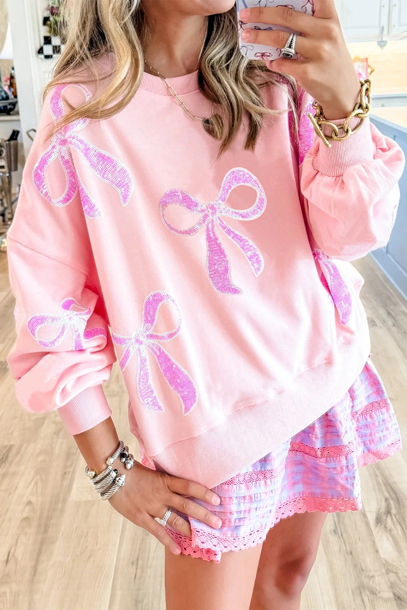 Sudadera informal con cuello redondo, lentejuelas bordadas y lazo