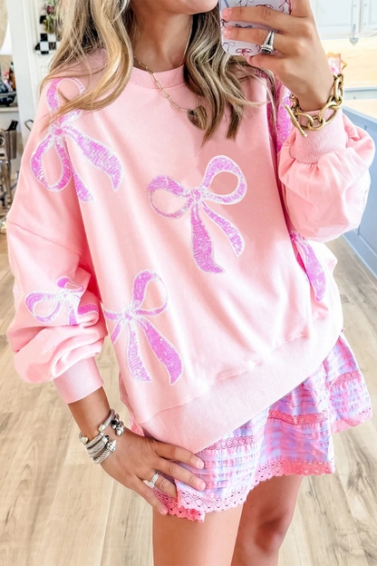 Sudadera informal con cuello redondo, lentejuelas bordadas y lazo