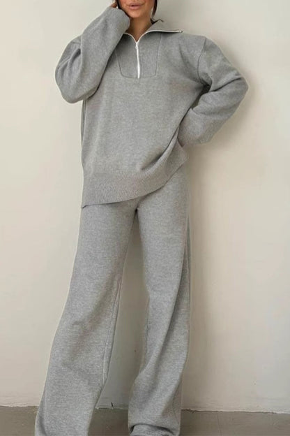 Conjunto informal de dos piezas con cuello vuelto, cremallera y retazos, manga larga (4 colores)