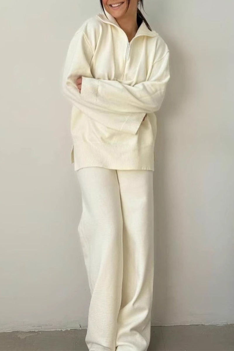 Conjunto informal de dos piezas con cuello vuelto, cremallera y retazos, manga larga (4 colores)