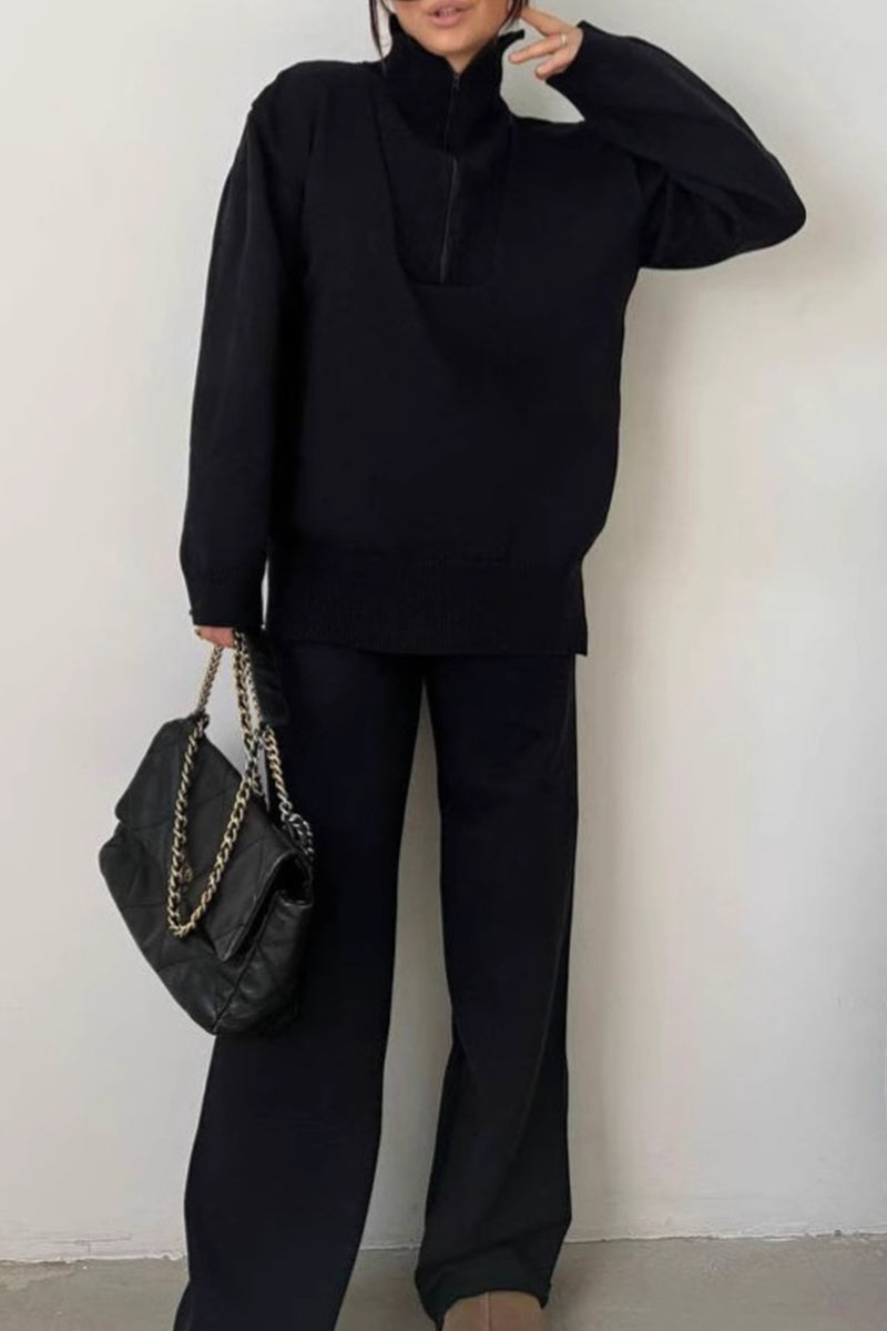 Conjunto informal de dos piezas con cuello vuelto, cremallera y retazos, manga larga (4 colores)