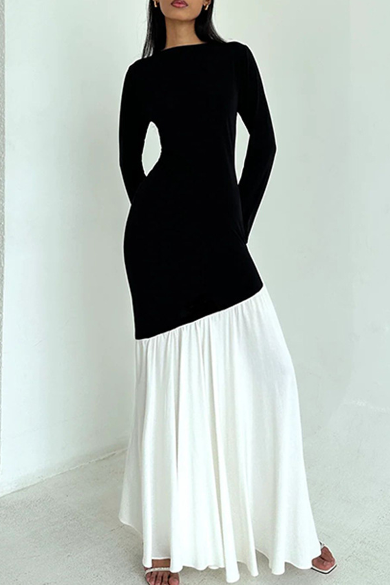 Elegantes vestidos largos con cuello redondo y fruncido en contraste