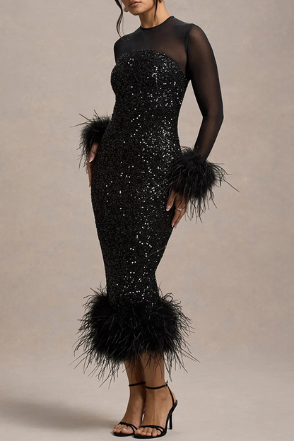 Vestidos de noche sexys de fiesta con lentejuelas y ribete de plumas y cuello redondo