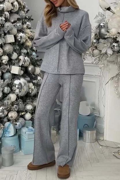 Conjunto informal básico de cuello alto y manga larga de dos piezas (3 colores)