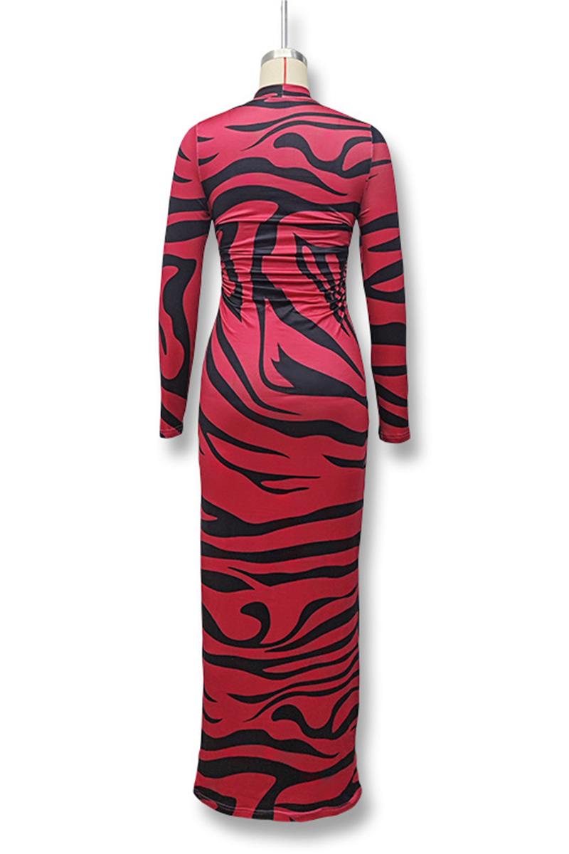 Vestido sexy de cuello alto con falda de un solo paso y estampado de piel de serpiente a rayas en contraste