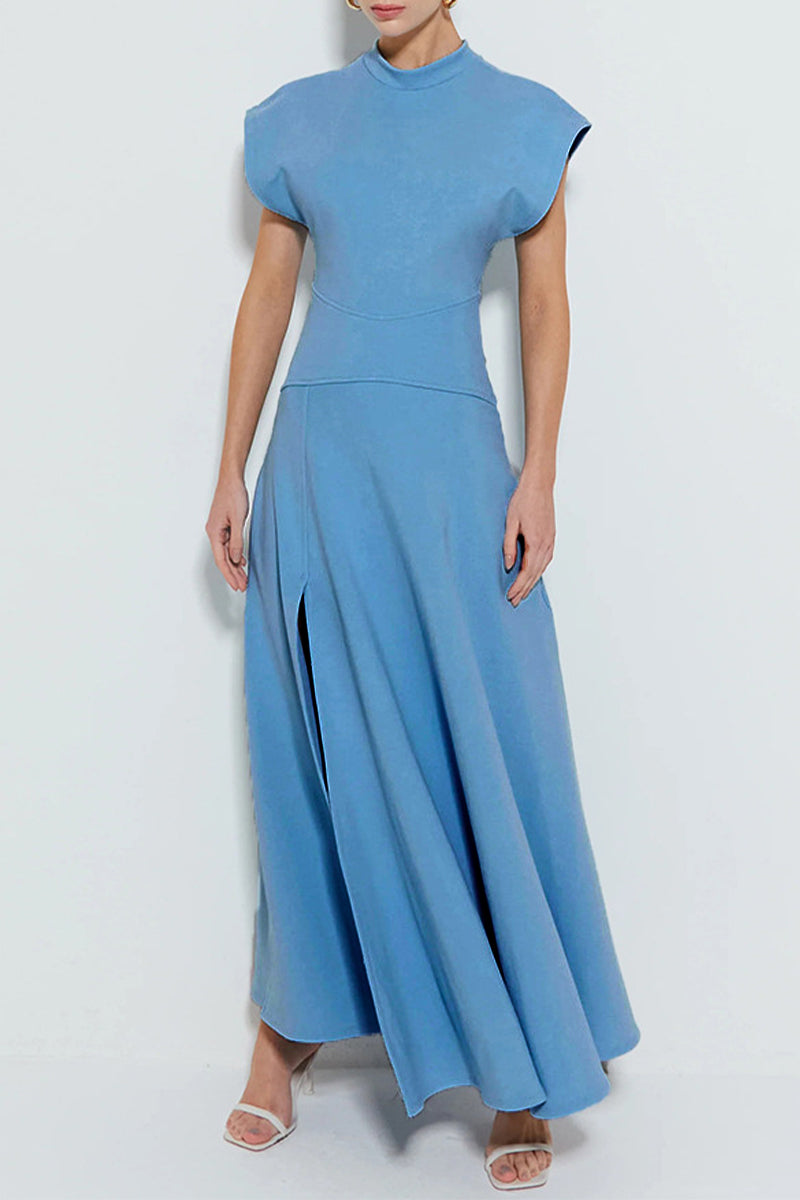 Elegant Solid Color Pocket Slit Zipper Half A Turtleneck Long Dresses