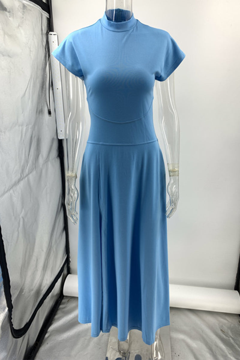 Elegante vestido largo de cuello alto con cremallera y abertura en el bolsillo