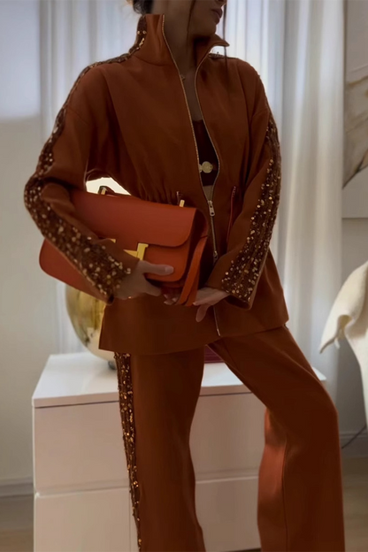 Conjunto informal de dos piezas con lentejuelas, cordón ajustable, retazos, cremallera, cuello mandarín, manga larga (5 colores)