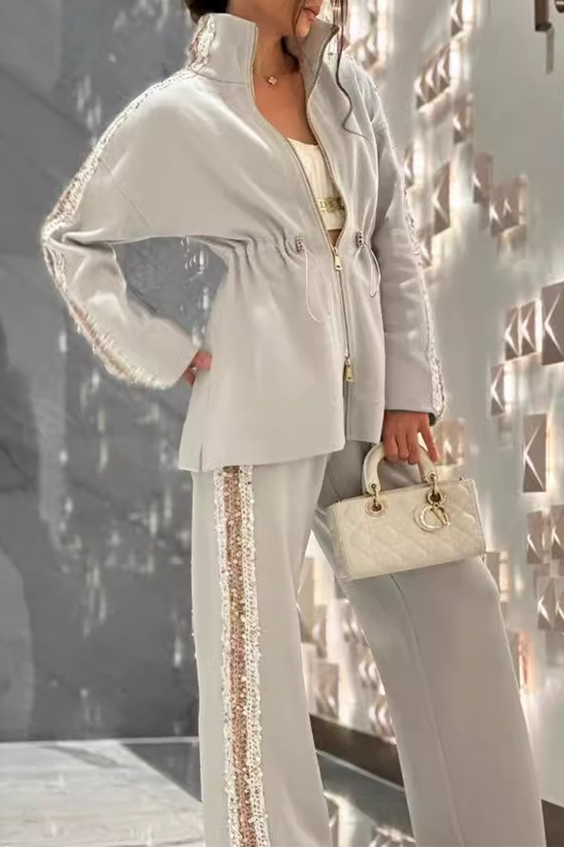 Conjunto informal de dos piezas con lentejuelas, cordón ajustable, retazos, cremallera, cuello mandarín, manga larga (5 colores)