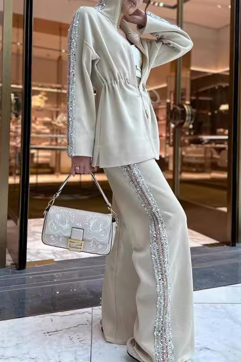 Conjunto informal de dos piezas con lentejuelas, cordón ajustable, retazos, cremallera, cuello mandarín, manga larga (5 colores)
