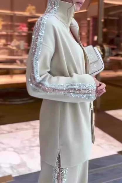 Conjunto informal de dos piezas con lentejuelas, cordón ajustable, retazos, cremallera, cuello mandarín, manga larga (5 colores)