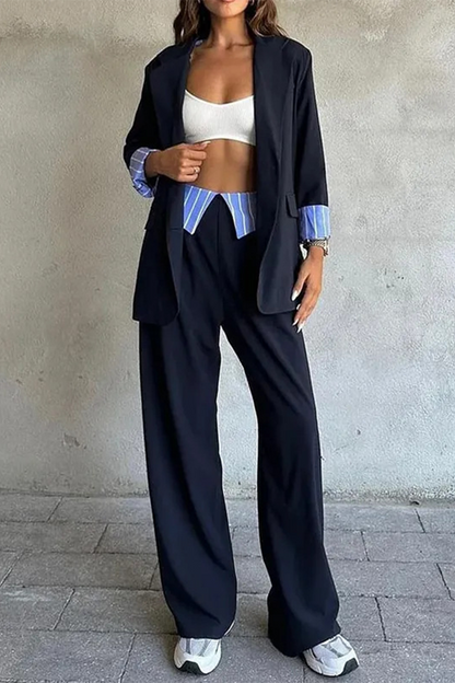 Conjunto informal de dos piezas con cuello vuelto, manga larga y bolsillos a rayas de calle