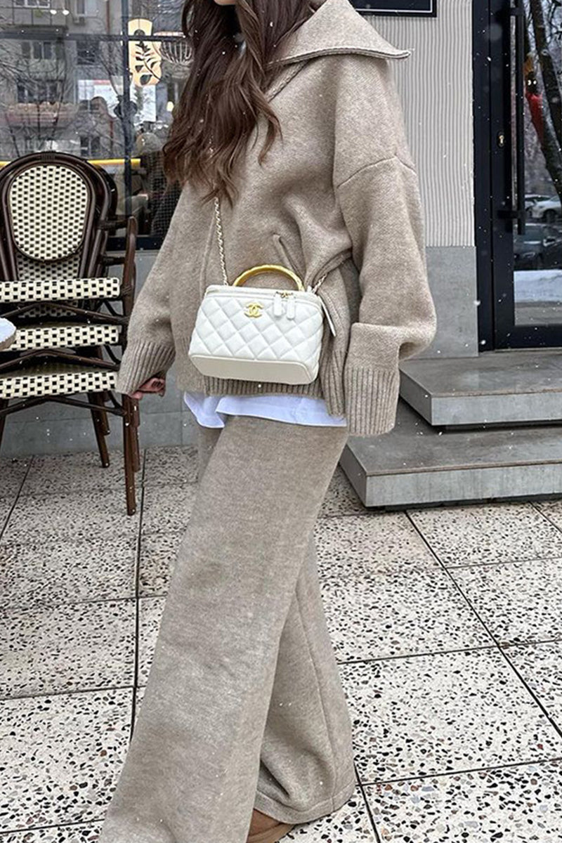 Conjunto informal de dos piezas con cuello vuelto, cremallera y retazos, manga larga (7 colores)