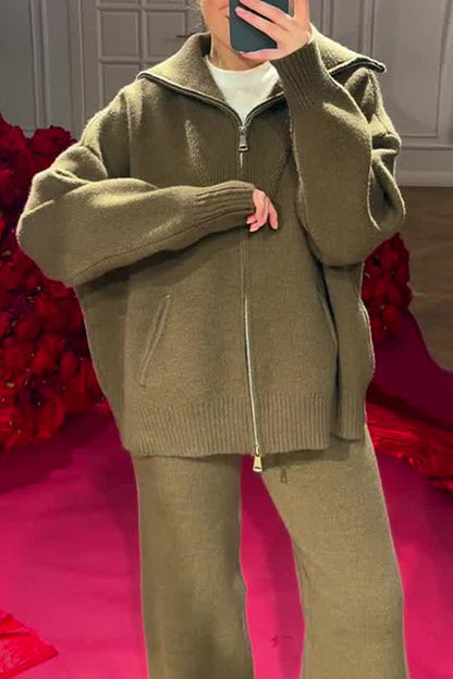 Conjunto informal de dos piezas con cuello vuelto, cremallera y retazos, manga larga (7 colores)