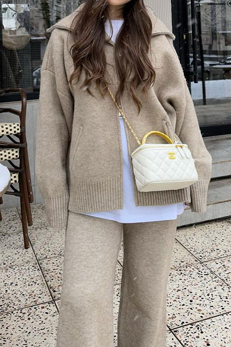 Conjunto informal de dos piezas con cuello vuelto, cremallera y retazos, manga larga (7 colores)