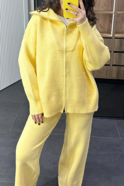 Conjunto informal de dos piezas con cuello vuelto, cremallera y retazos, manga larga (7 colores)