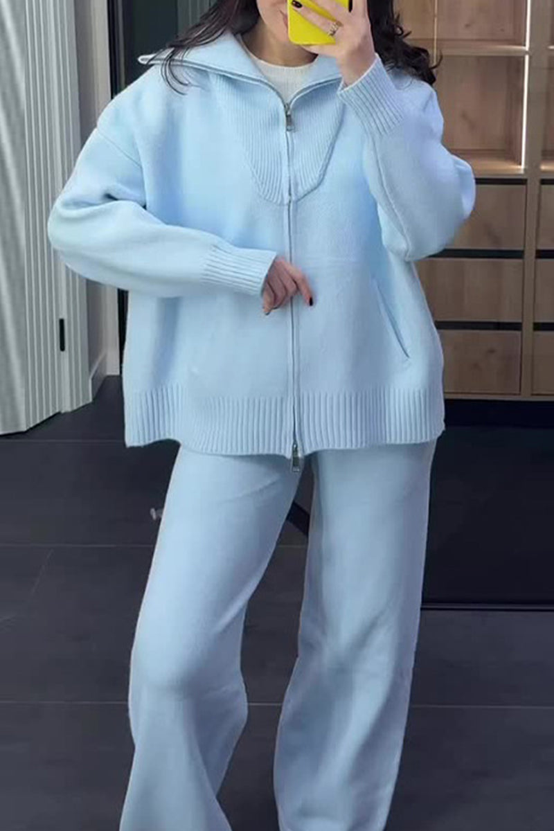 Conjunto informal de dos piezas con cuello vuelto, cremallera y retazos, manga larga (7 colores)