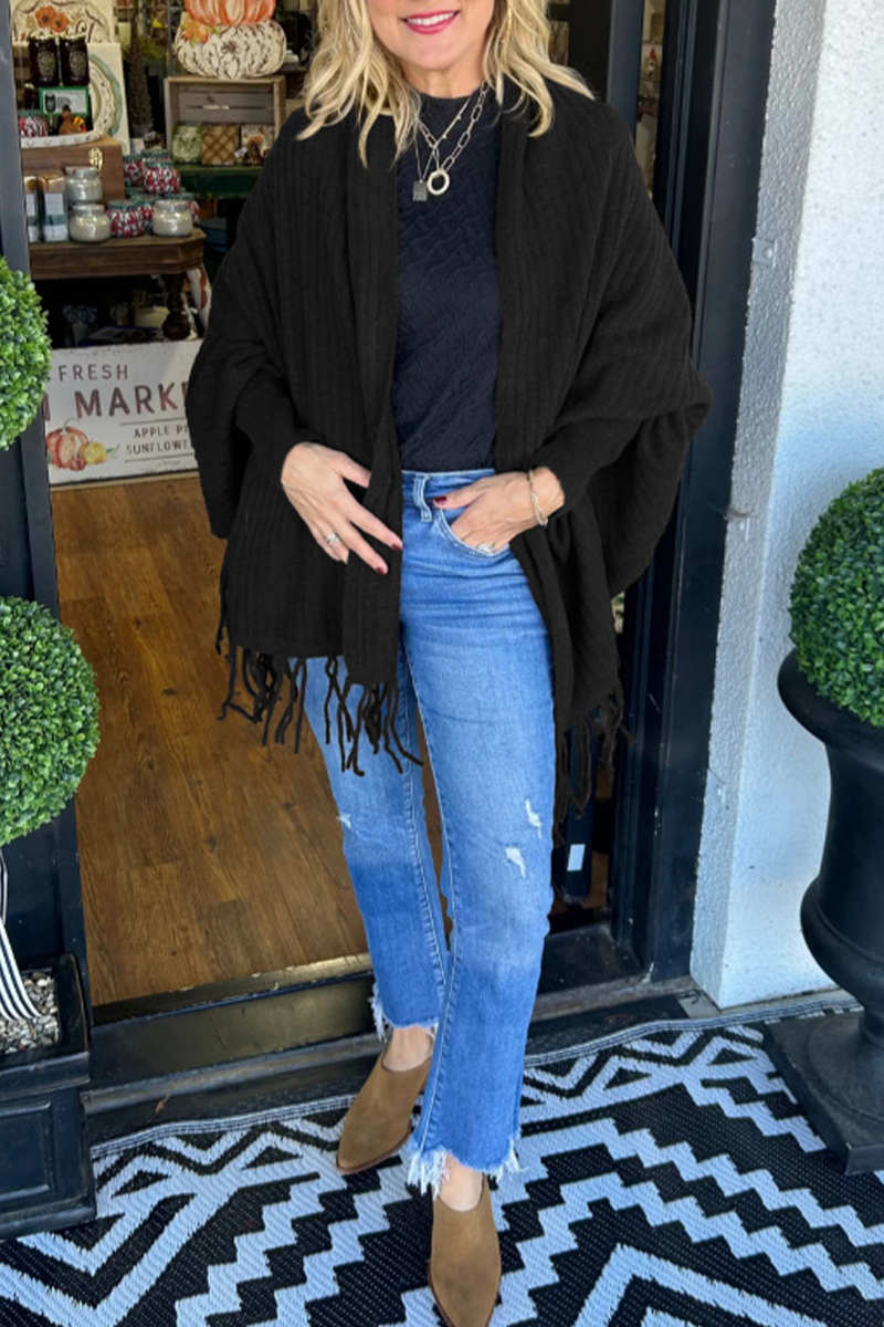 Prenda exterior informal con cuello tipo cárdigan irregular y ribete de flecos (9 colores)