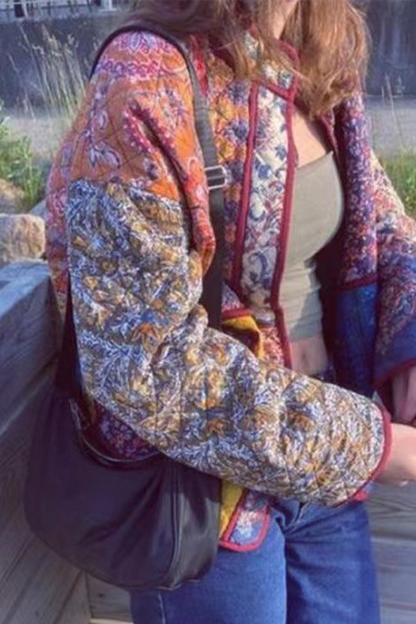 Prendas de abrigo informales con cuello mandarín, patchwork, bolsillos y flores