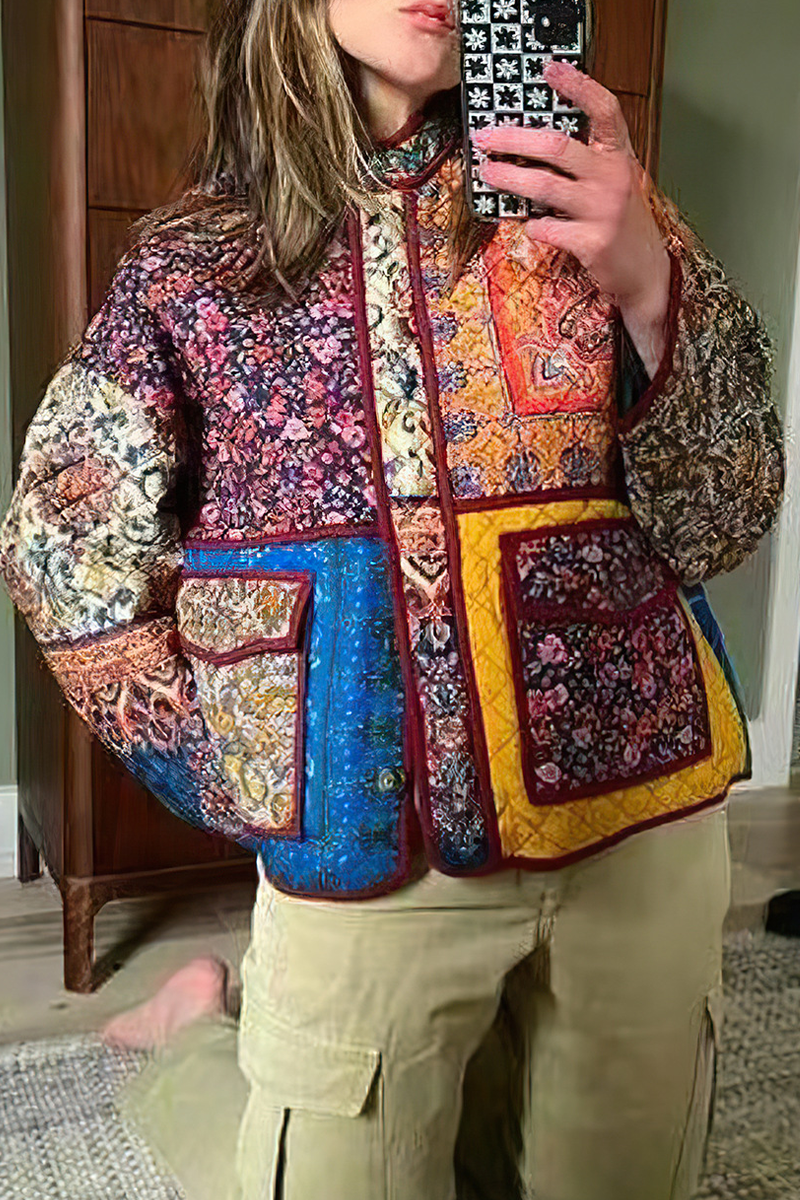 Prendas de abrigo informales con cuello mandarín, patchwork, bolsillos y flores