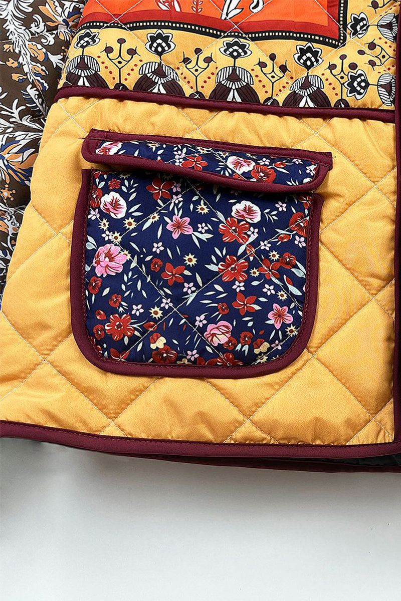 Prendas de abrigo informales con cuello mandarín, patchwork, bolsillos y flores