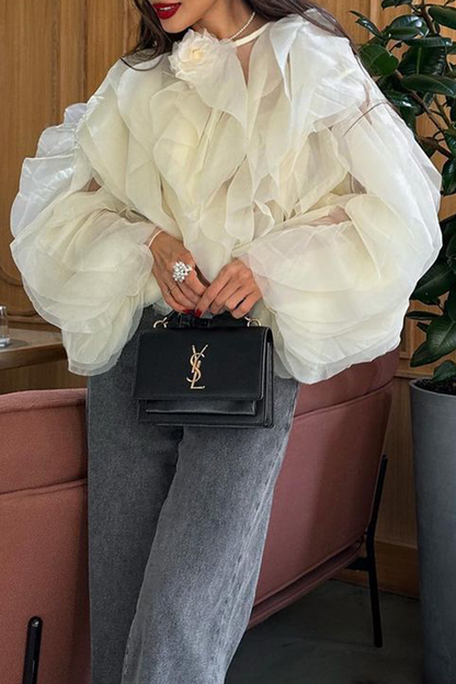 Blusas elegantes con cuello redondo, forma de flor y orillo irregular