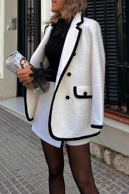 Conjunto de dos piezas con botones casuales en contraste, cuello vuelto, manga larga