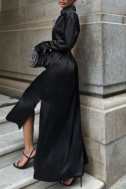 Elegante vestido camisero con cuello vuelto ajustable y hebilla con cordones