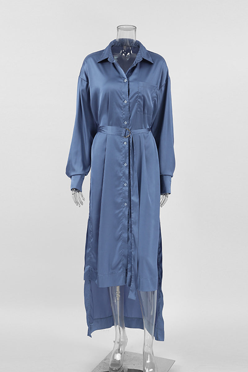 Elegante vestido camisero con cuello vuelto ajustable y hebilla con cordones