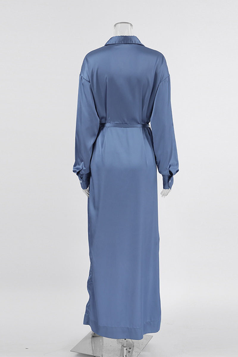 Elegante vestido camisero con cuello vuelto ajustable y hebilla con cordones