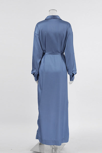 Elegante vestido camisero con cuello vuelto ajustable y hebilla con cordones