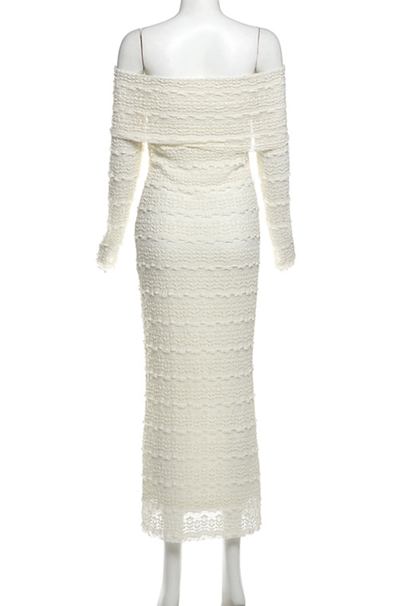 Elegantes vestidos largos con hombros descubiertos y espalda descubierta con patchwork