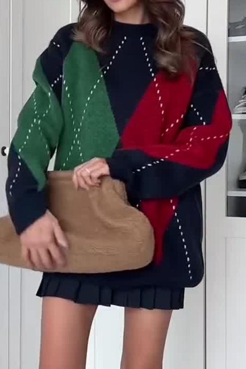 Suéteres casuales de cuello redondo con rombos y patchwork en contraste (4 colores)