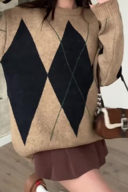 Suéteres casuales de cuello redondo con rombos y patchwork en contraste (4 colores)