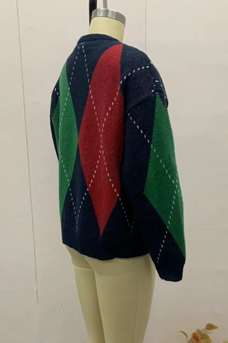 Suéteres casuales de cuello redondo con rombos y patchwork en contraste (4 colores)