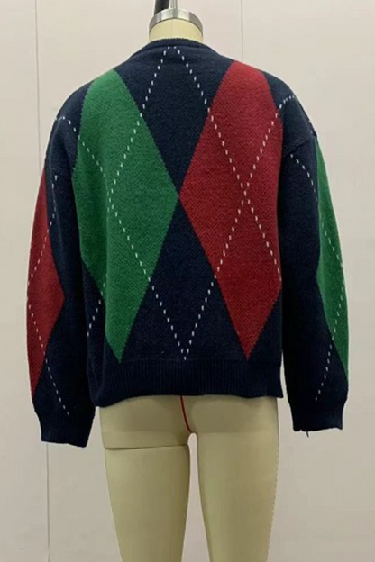 Suéteres casuales de cuello redondo con rombos y patchwork en contraste (4 colores)