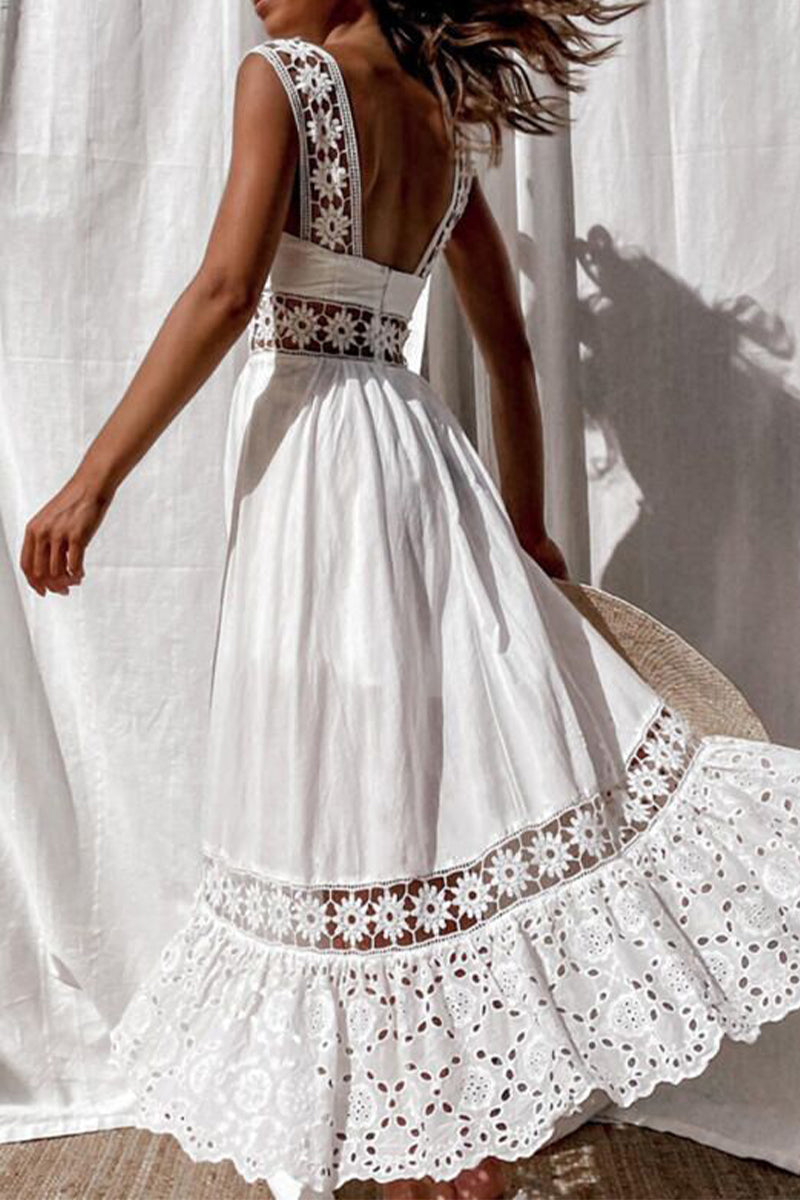 Vestidos casuales de diario con encaje y patchwork, cuello cuadrado y tirantes