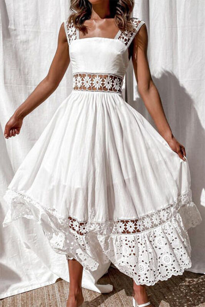 Vestidos casuales de diario con encaje y patchwork, cuello cuadrado y tirantes