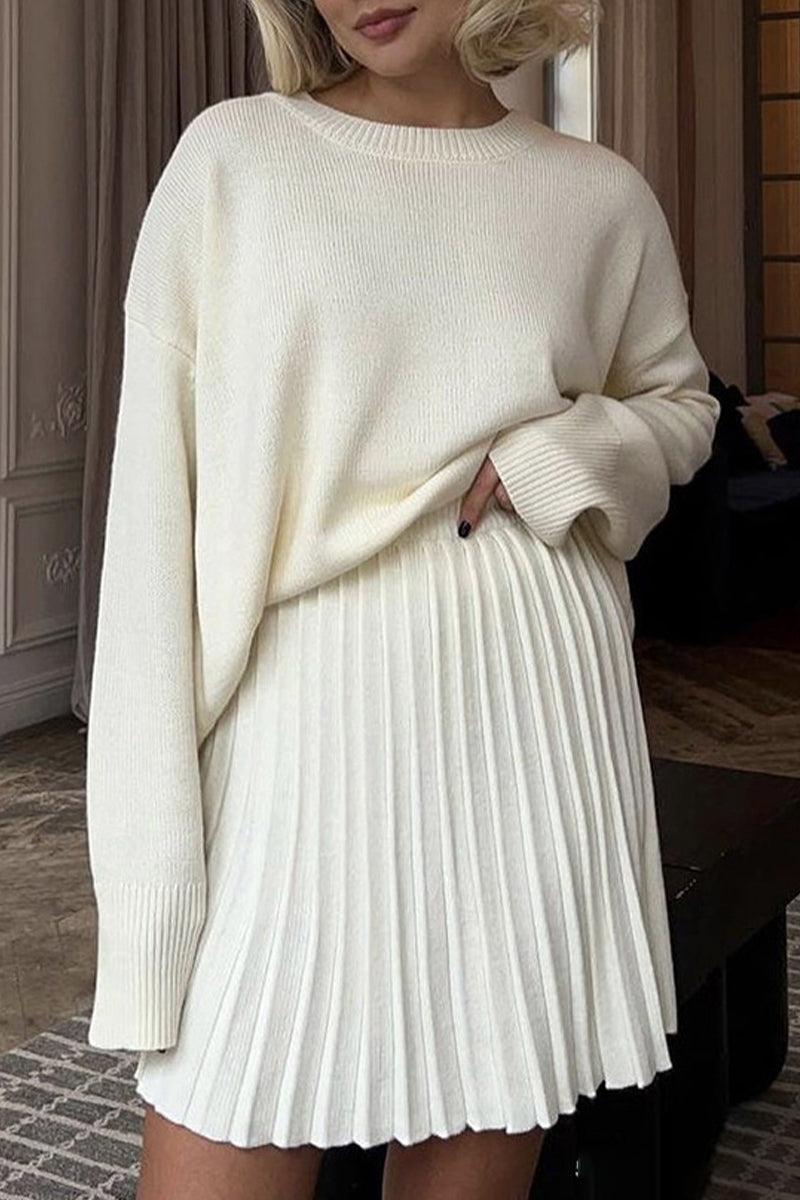 Elegante conjunto de dos piezas de manga larga con cuello redondo plisado y patchwork