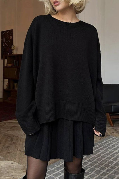 Elegante conjunto de dos piezas de manga larga con cuello redondo plisado y patchwork