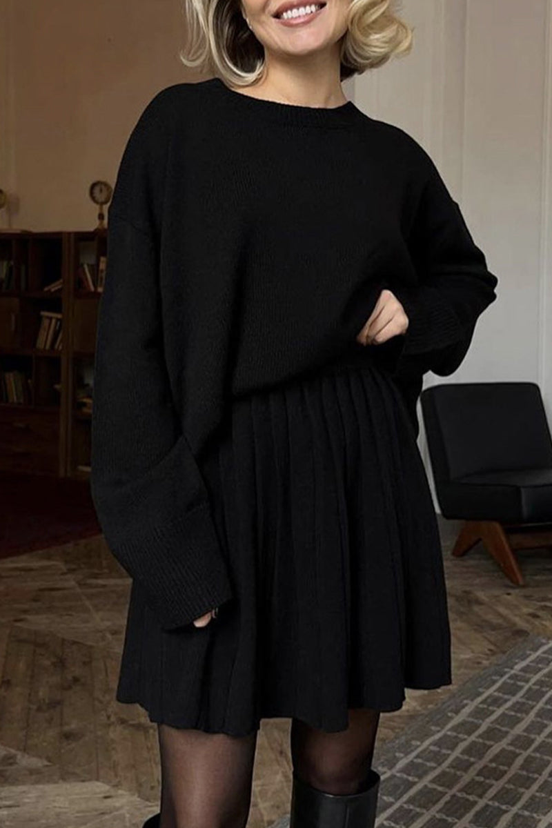 Elegante conjunto de dos piezas de manga larga con cuello redondo plisado y patchwork