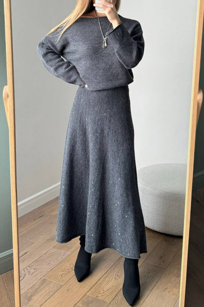 Elegante conjunto de dos piezas con lentejuelas y cuello redondo, manga larga (5 colores)