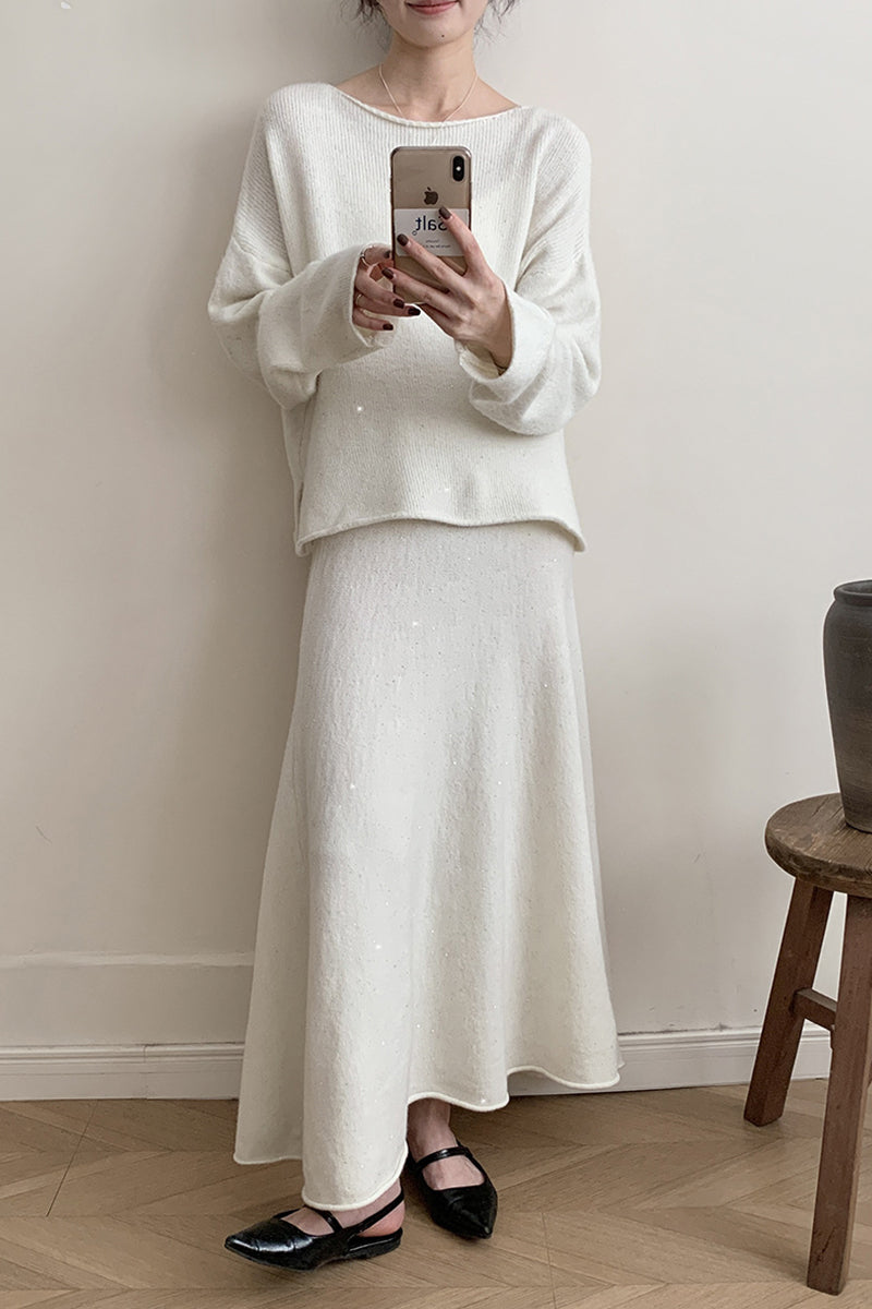 Elegante conjunto de dos piezas con lentejuelas y cuello redondo, manga larga (5 colores)