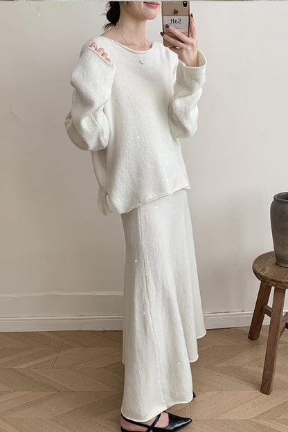 Elegante conjunto de dos piezas con lentejuelas y cuello redondo, manga larga (5 colores)