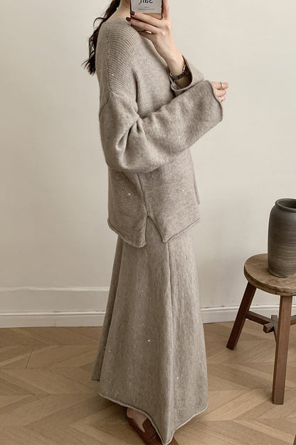 Elegante conjunto de dos piezas con lentejuelas y cuello redondo, manga larga (5 colores)